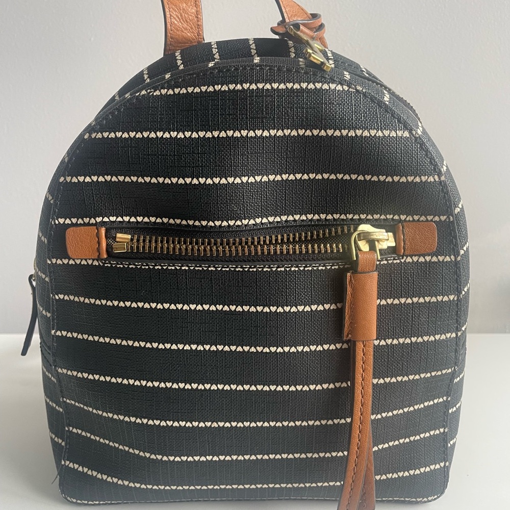 Fossil Dark Navy Blue and Tan Striped Backpack;